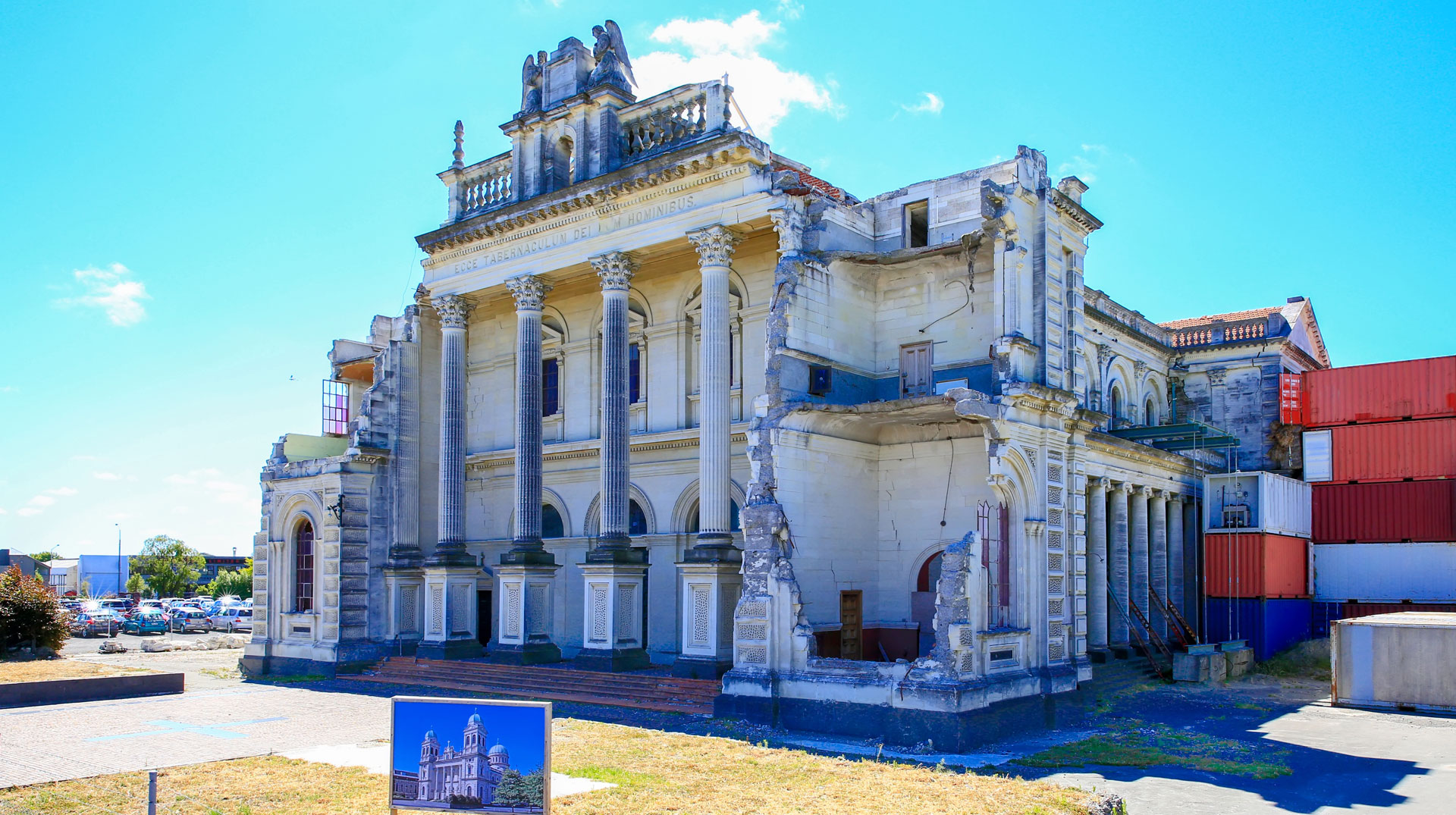 Roman Catholic Cathedral of the Blessed Sacrament , ruined by earthquakes, in Christchurch, New Zealand
