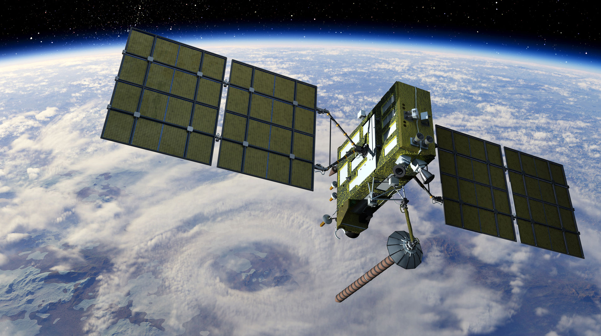 Ein Satellit fliegt über ein Tiefdruckgebiet