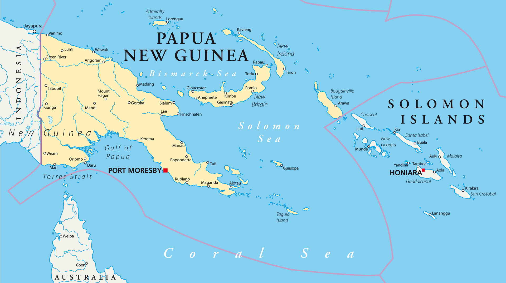 Papua-Neuguinea und die Salomonen-Inseln auf der Weltkarte.
