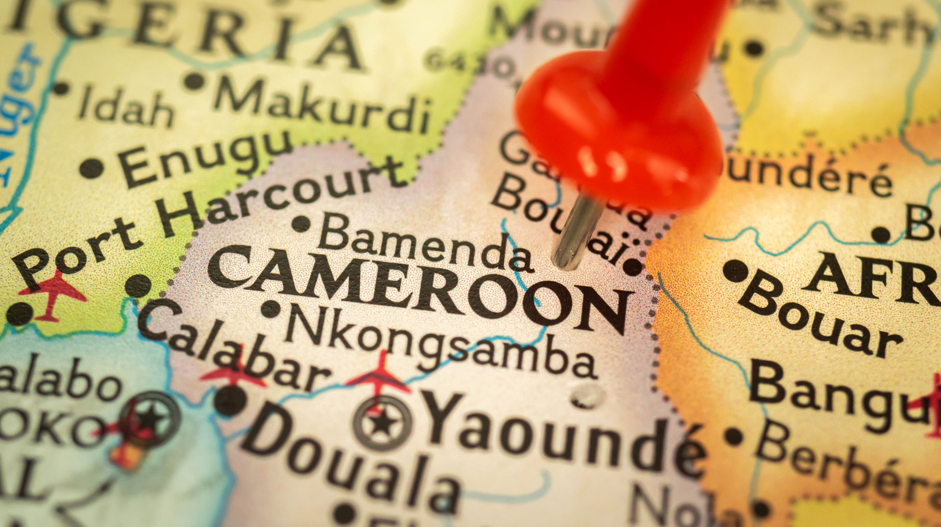 Location Cameroon, map with push pin close-up, travel and journey concept with marker, Africa 