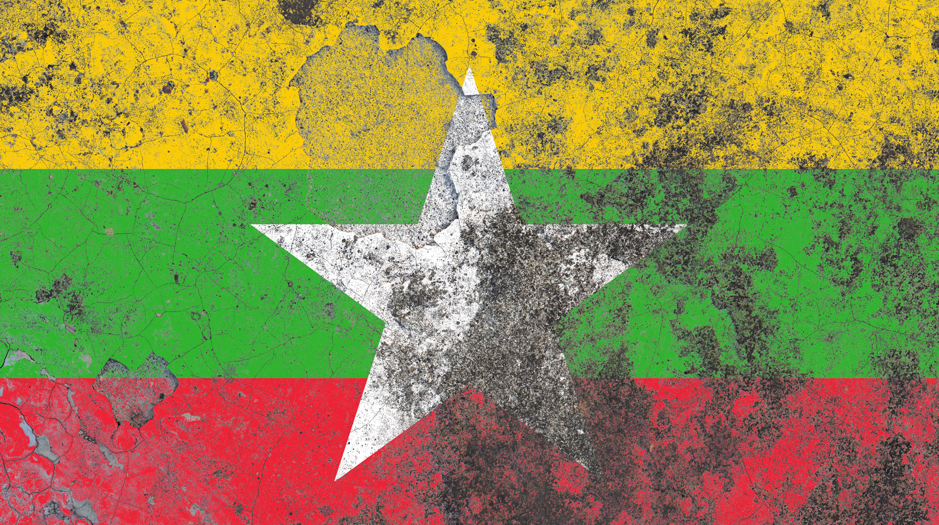 Flagge von Myanmar auf brüchiger Mauer
