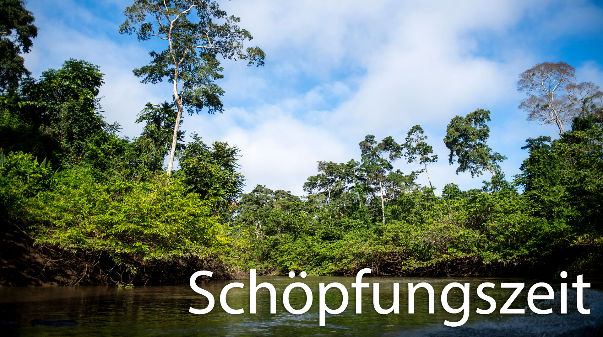 Das Wort Schöpfungszeit. Im Hintergrund ein Fluss und Urwaldbäume.