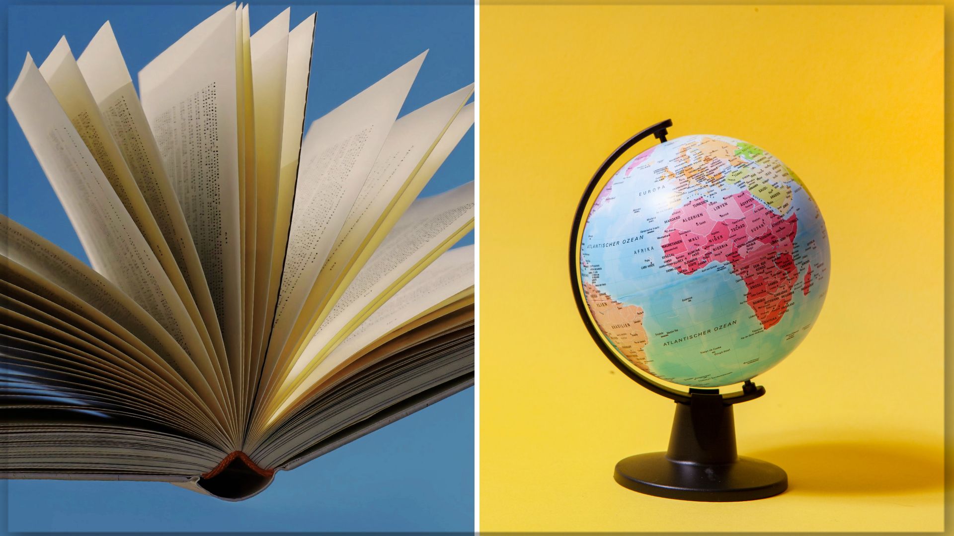 Ein aufgeschlagenes Buch, daneben ein Globus
