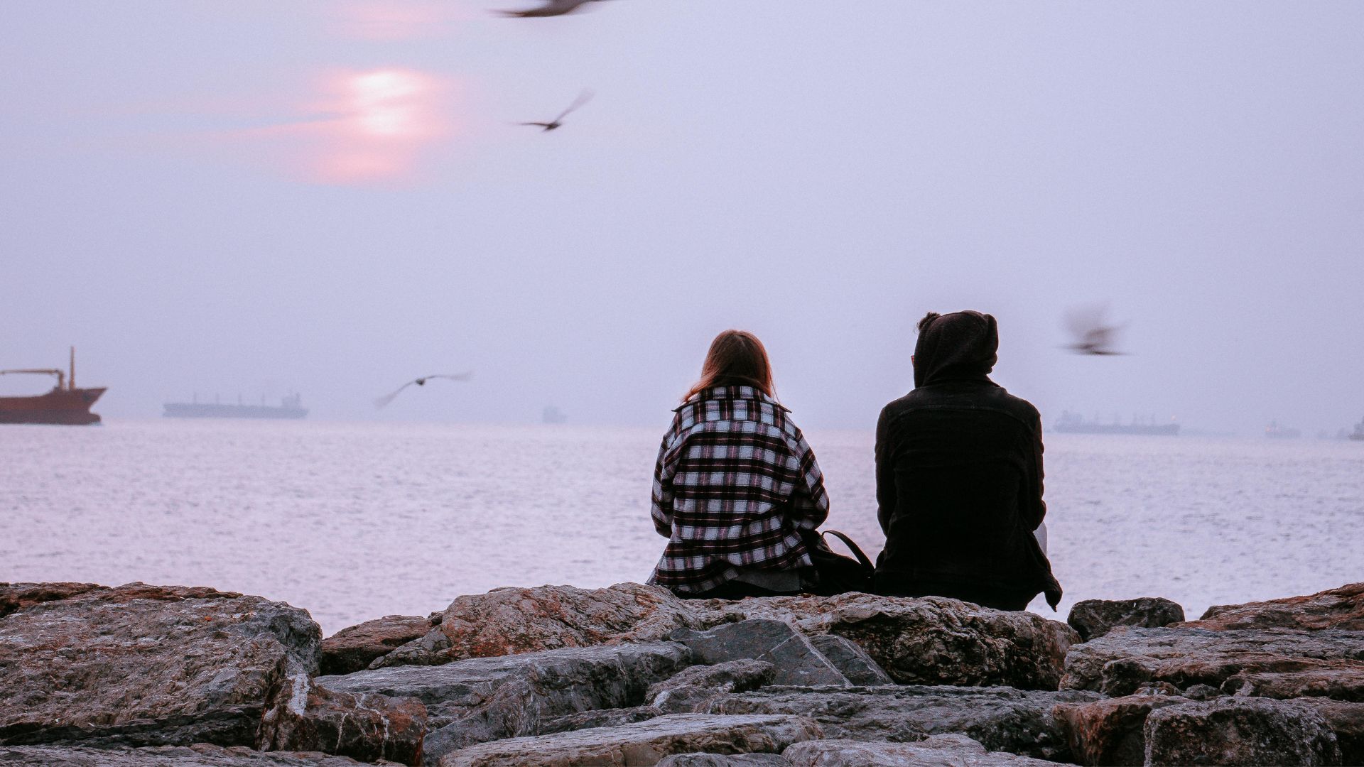 Menschen sitzen am Meer und schauen auf Schiffe
