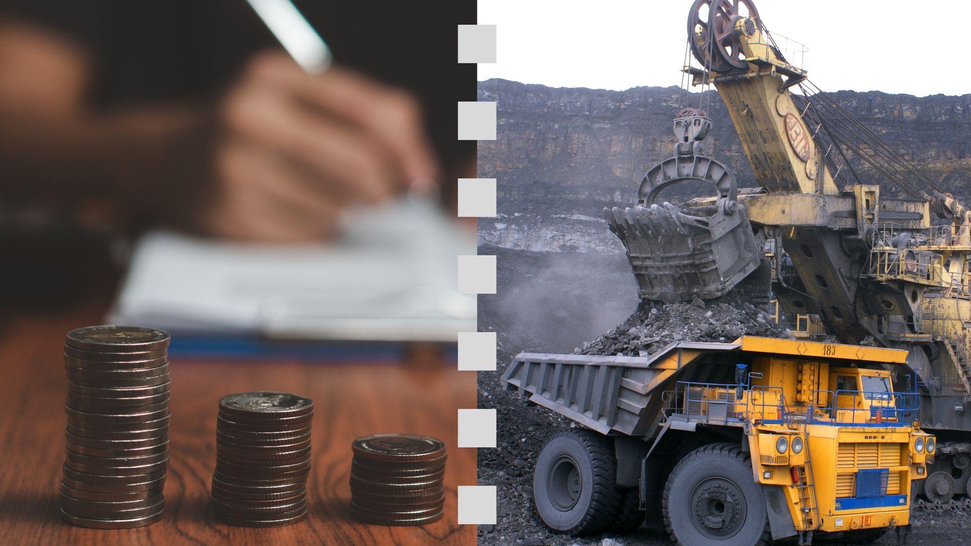 Münzen und Bergbaumaschinen als Symbol für ökologische Schuld