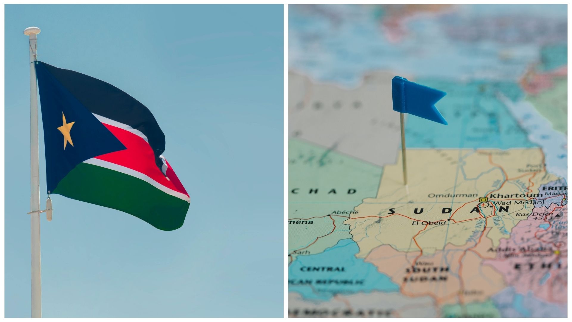 Flagge Sudans vor blauem Himmel (links), Sudan auf der Landkarte (Links)