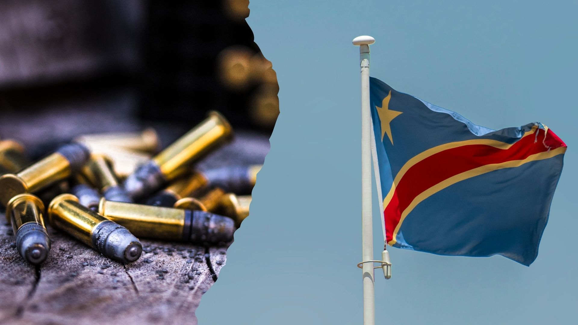 Eine Flagge der Demokratischen Republik Kongo weht, daneben Patronenhülsen