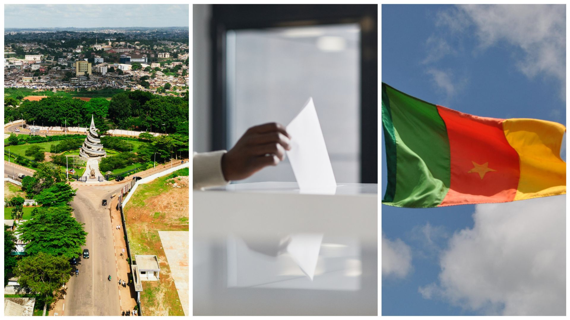 Das Einheitsdenkmal in Yaounde (Kamerun), eine Wahlurne und eine Flagge Kameruns