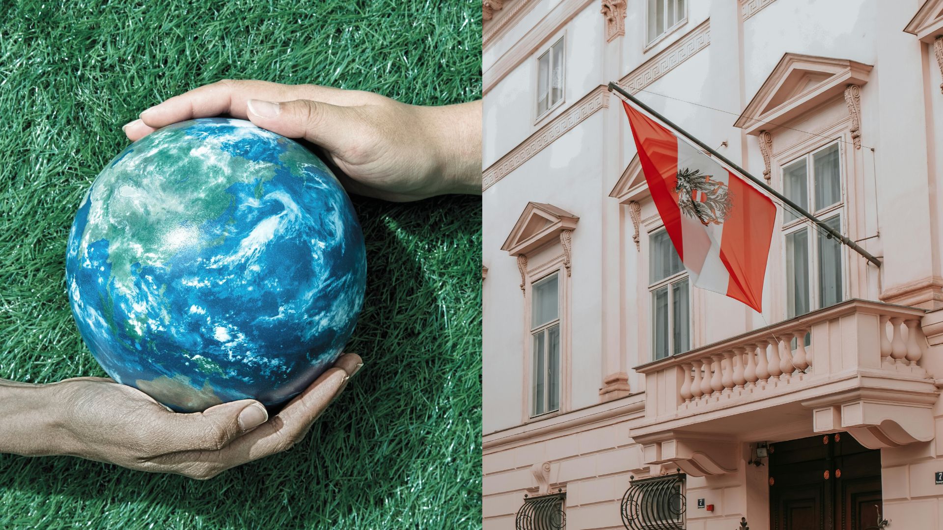 Zwei Hände halten die Erde, daneben die österreichische Flagge