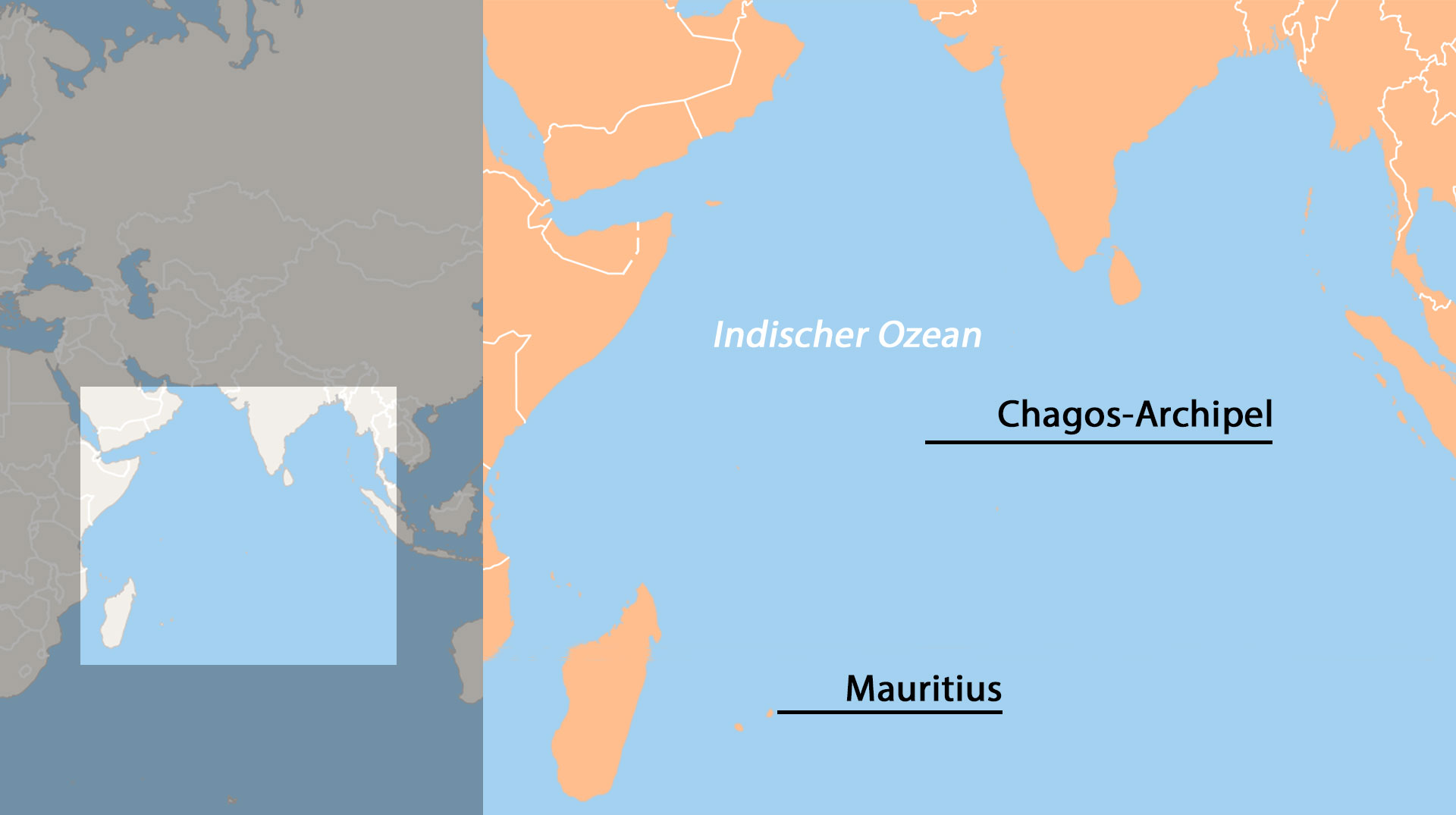 Mauritius und das Chagos-Archipel auf einer Karte des indischen Ozeans