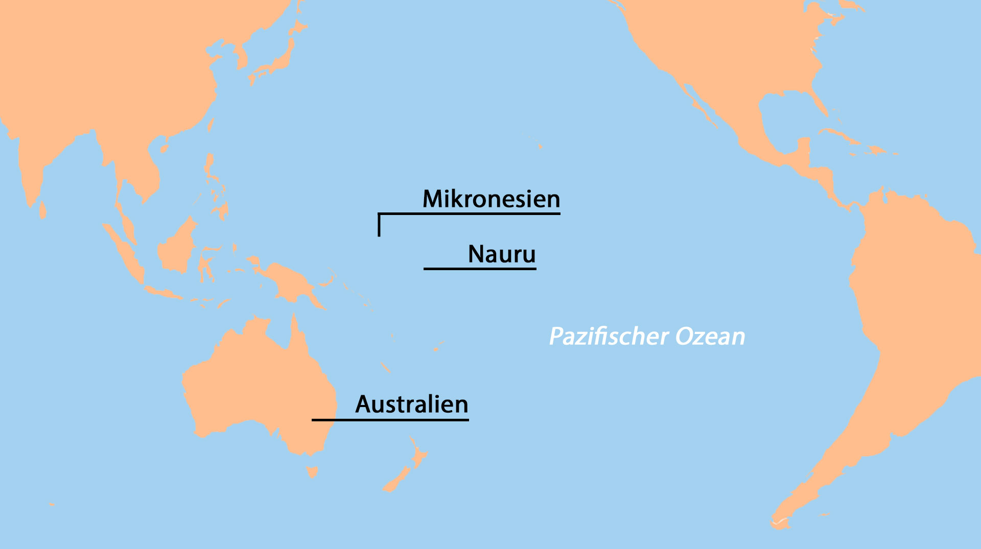 Australien, Nauru und Mikronesien auf einer Karte in Equal Earth-Projektion, zentriert auf den Pazifik