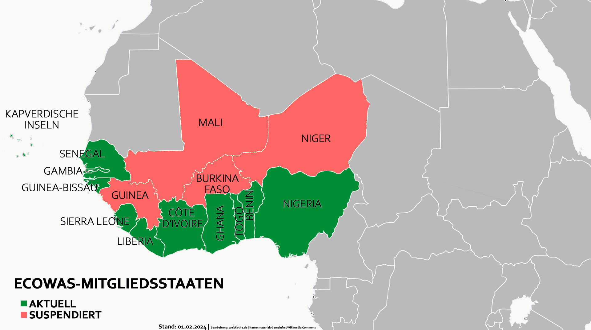 Ecowas-Mitgliedsstaaten, Stand Januar 2024