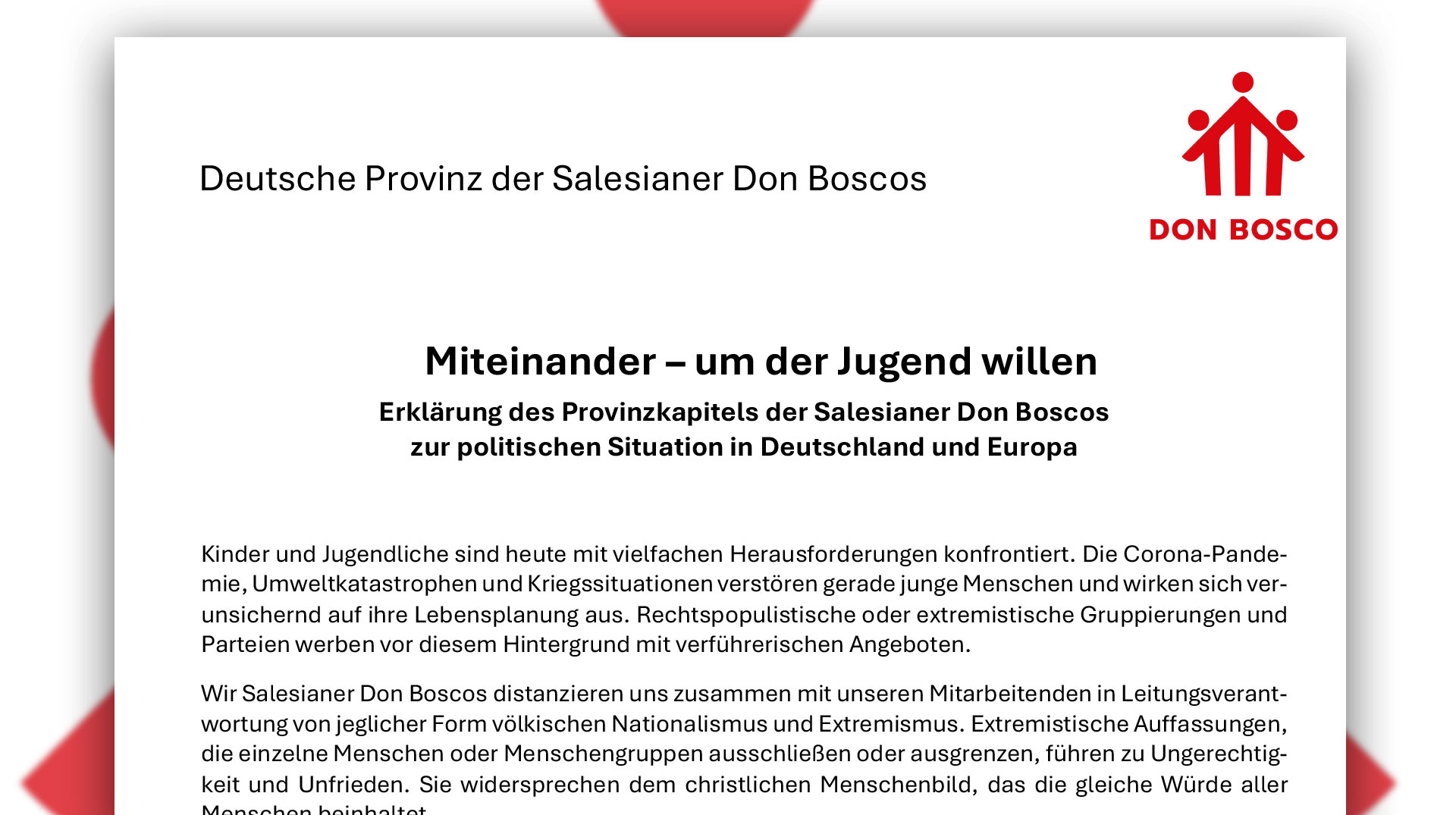Miteinander - um der Jugend Willen. Erklärung der Salesianer Don Boscos.