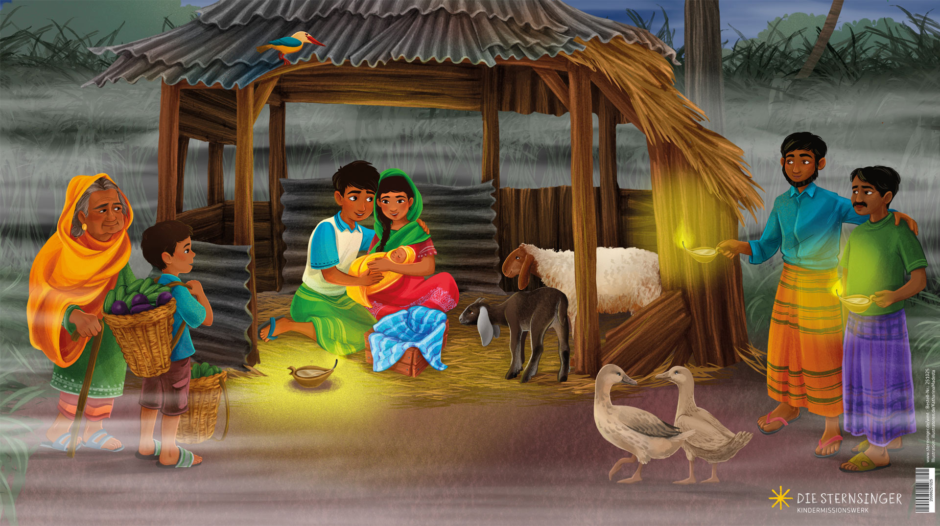 Ein Krippenmotiv inspiriert in Bangladesch mit Maria, Joseph und dem Jesuskind im Zentrum