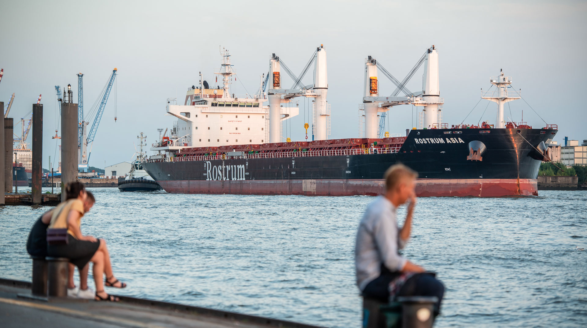 Schiffsanleger und Containerkräne mit Containerschiff im Hamburger Hafen. Symbolbild