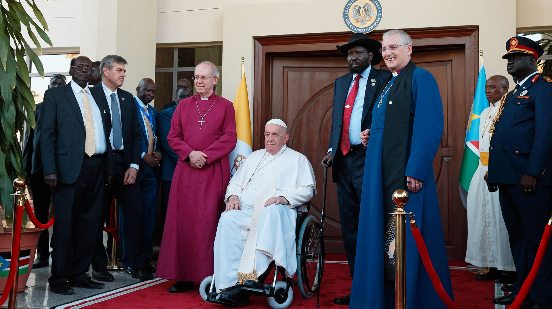 Justin Welby, anglikanischer Erzbischof von Canterbury; Papst Franziskus; Salva Kiir Mayardit, Präsident Südsudan, Iain Greenshields, Moderator Generalversammlung presbyterianische Kirche von Schottland, in Juba.