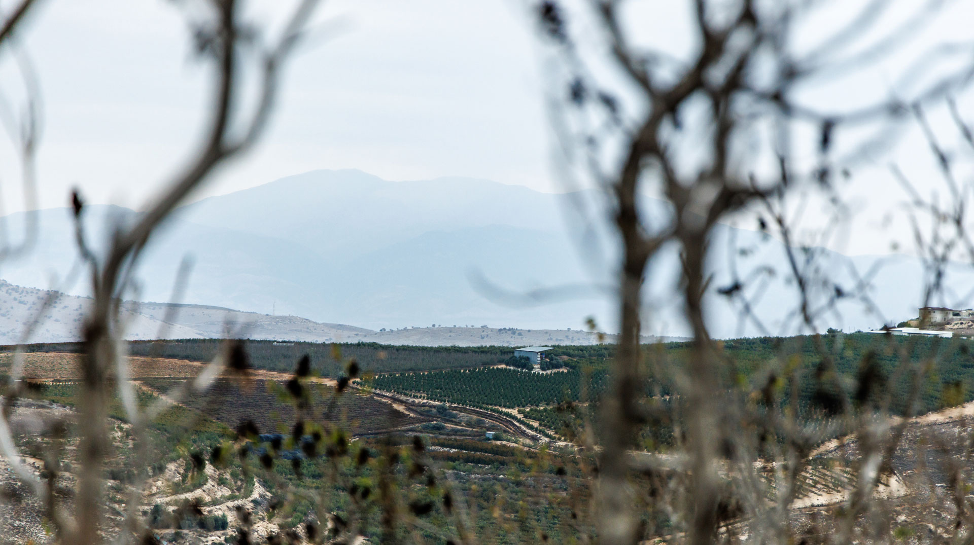 Blick am 12. November 2023 von Jisch (Israel) aus, über die Grenze zwischen Israel und Libanon sowie den Berg Hermon im Grenzgebiet zwischen Syrien, Libanon und den von Israel besetzten Golanhöhen.