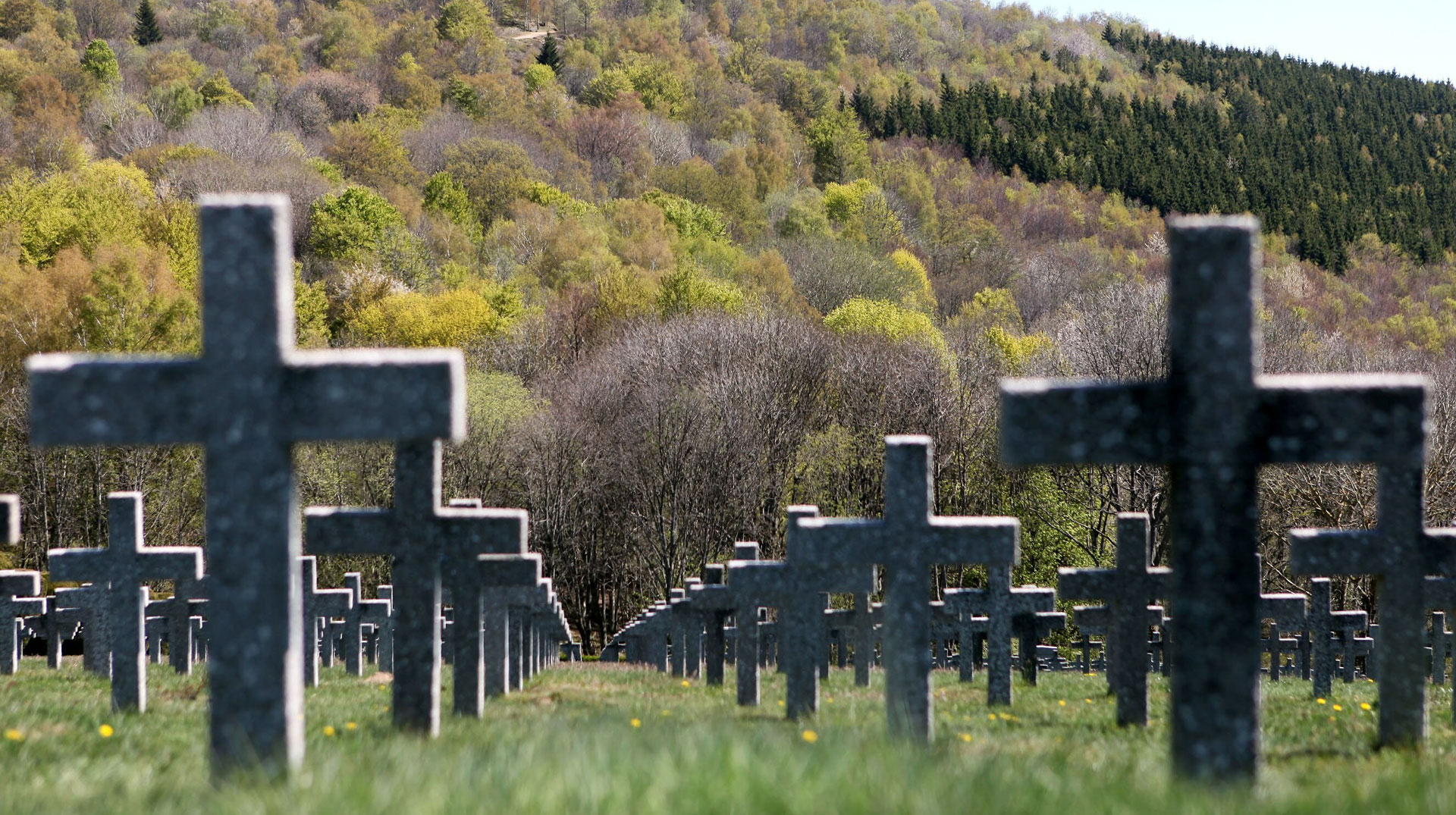 Kreuze auf dem Friedhof in der Gedenkstätte Hartmannsweiler Kopf in Hartmannswiller (Frankreich), am 6. Mai 2014.
