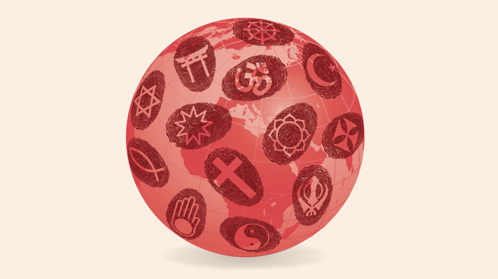 Weltkugel mit Symbolen der großen Religionsgemeinschaften