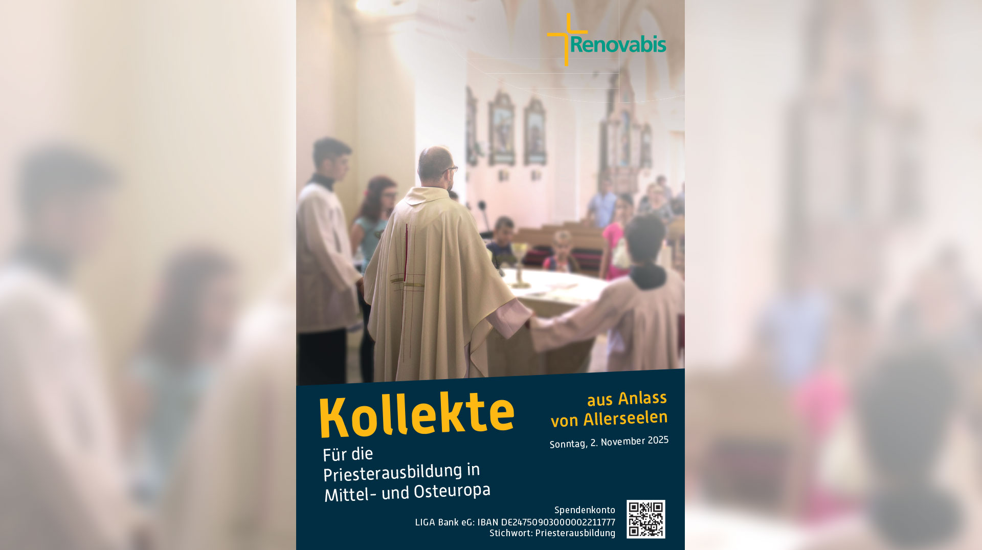 Plakat: Priester, Ministranten und Kinder stehen um den Altar. Schriftzug: Kollekte für die Priesterausbildung in Mittel- und Osteuropa aus Anlass von Allerseelen am 2. November 2025