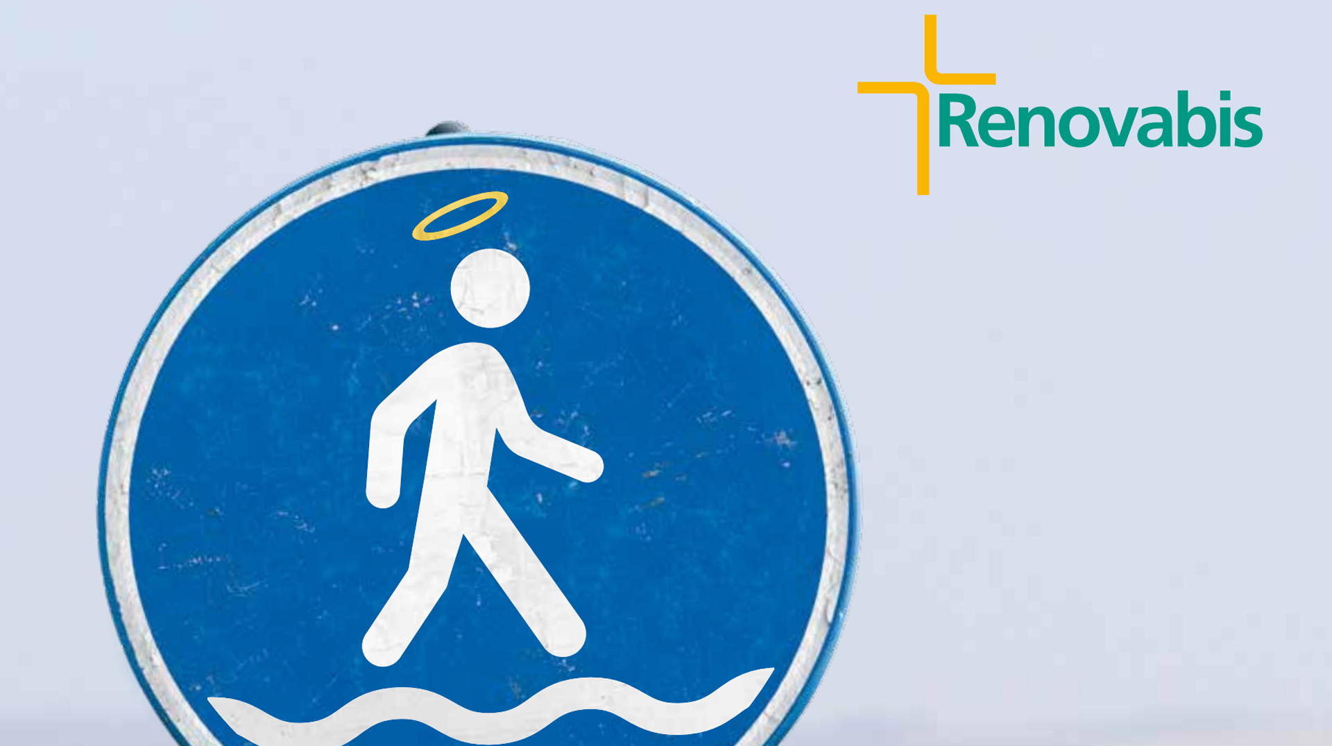 Ein Mann geht über Wasser. Cover Renovabis-Geschäftsbericht 2023