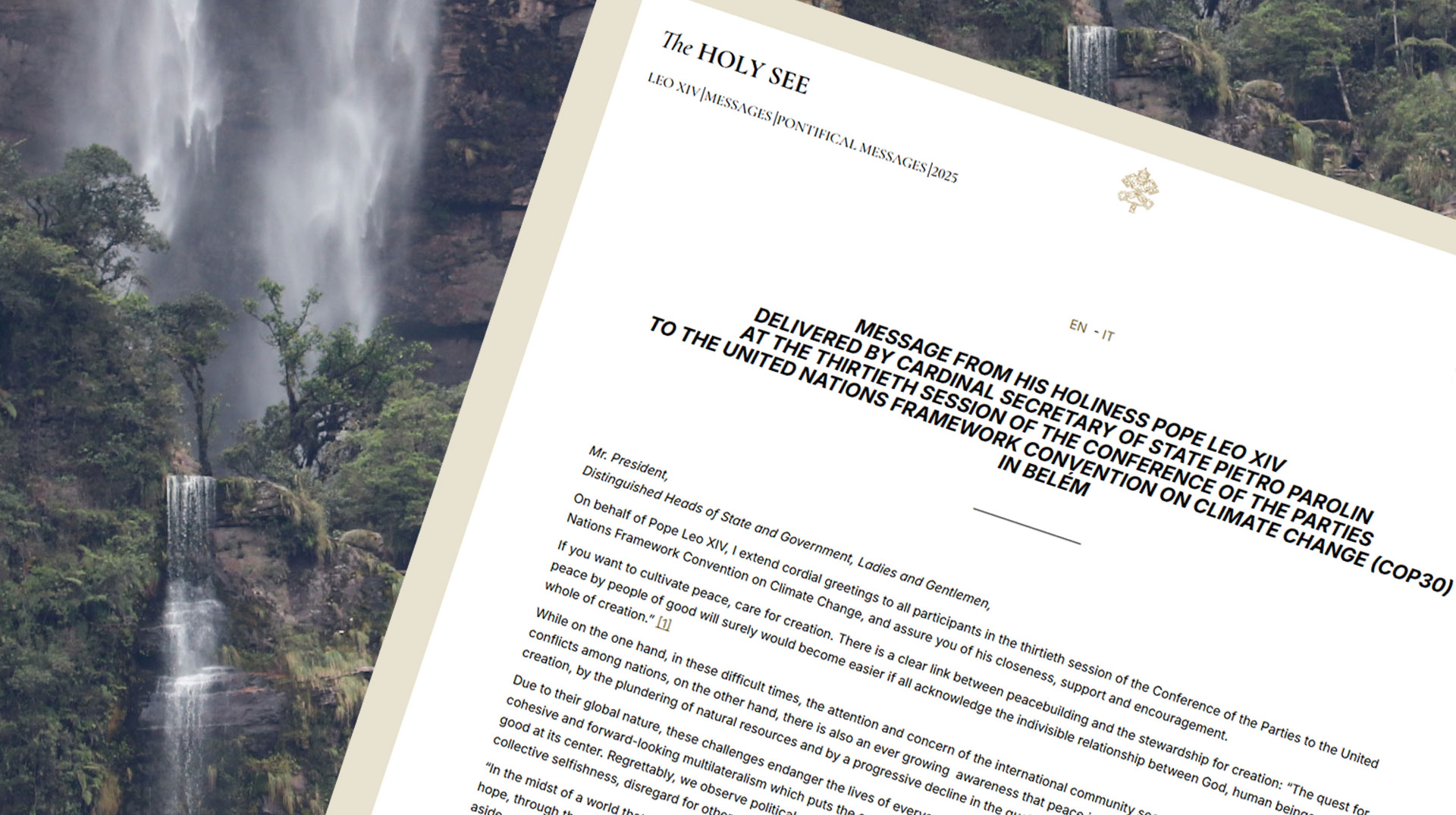 Überschrift: Botschaft von Papst Leo an die Teilnehmenden an der COP30