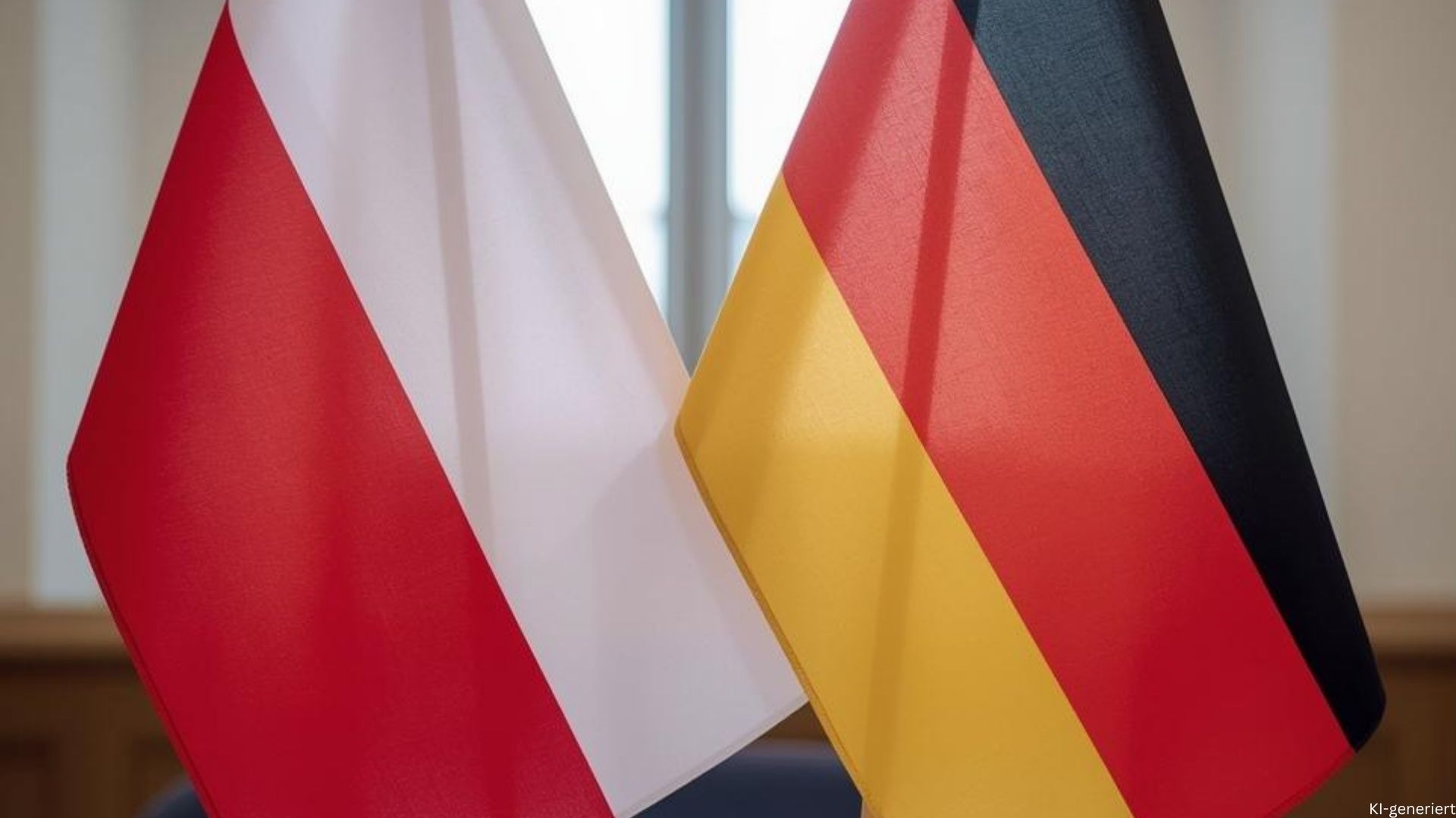 Flagge Polens und Deutschlands stehen auf einem Tisch