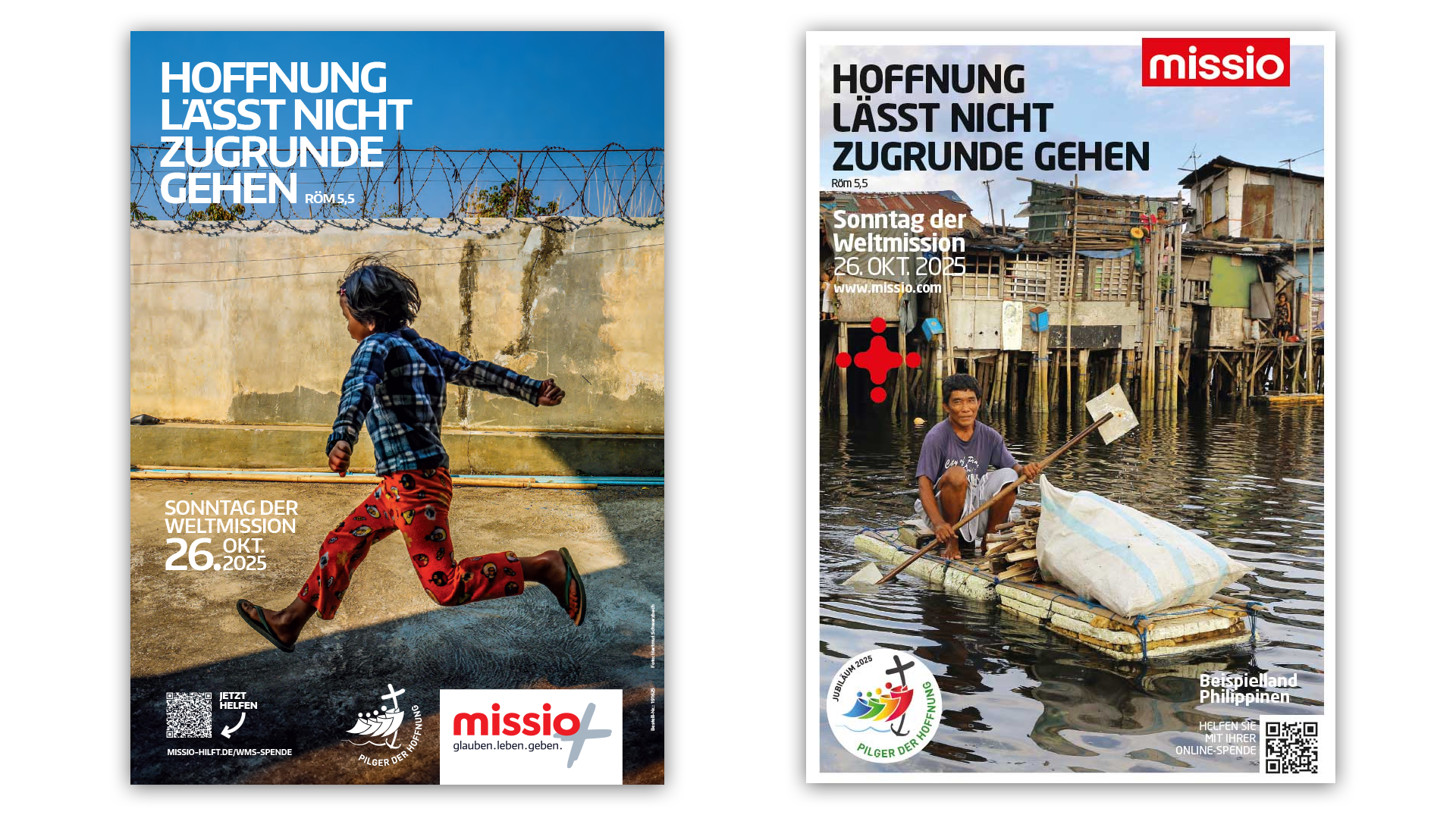 Schriftzug Hoffnung lässt nicht zugrunde gehen auf Plakaten der Missio-Werke 2025