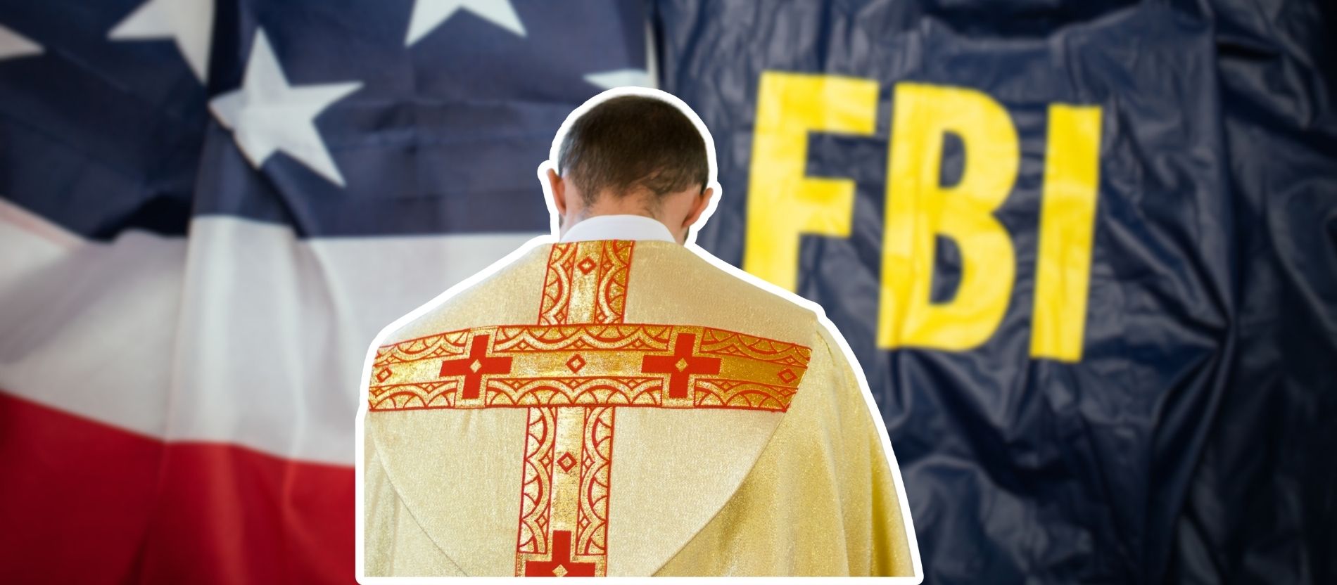 Ein Priester vor einer USA-Flagge und einem FBI-Logo