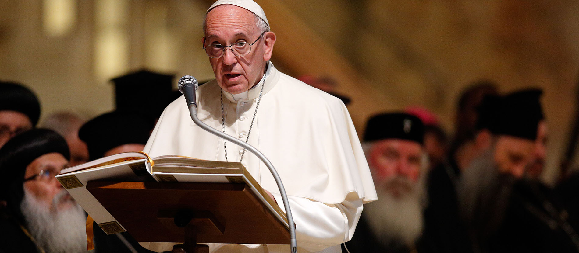 Pope Francis in the Basilica of San Francesco in Assisi on the occasion of the World Meeting of Prayer for Peace, in the background representatives of the Eastern Churches