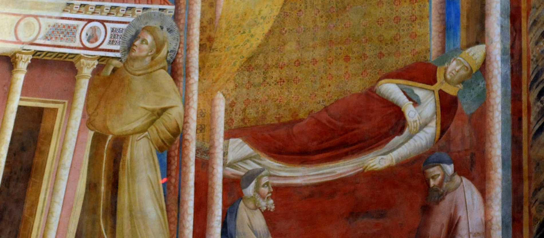A painted picture shows a sleeping pope and a monk supporting a house.
