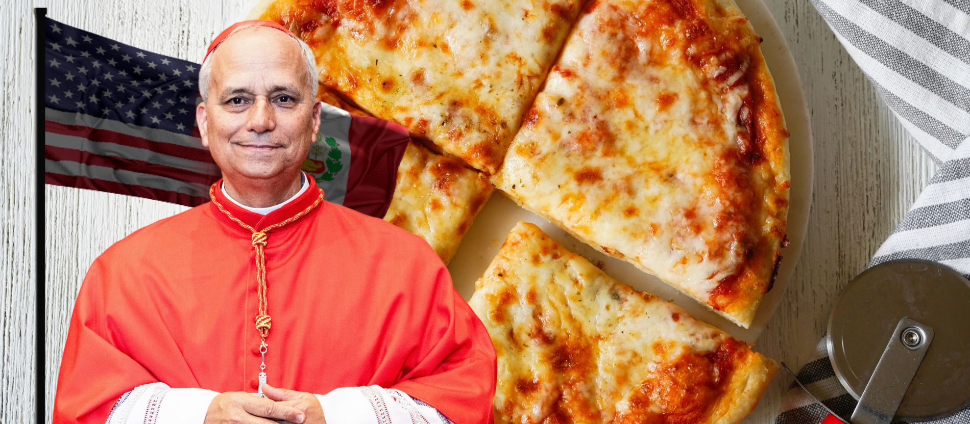 Robert Prevost vor einer Deep-Dish-Pizza und den Flaggen der USA und Perus.