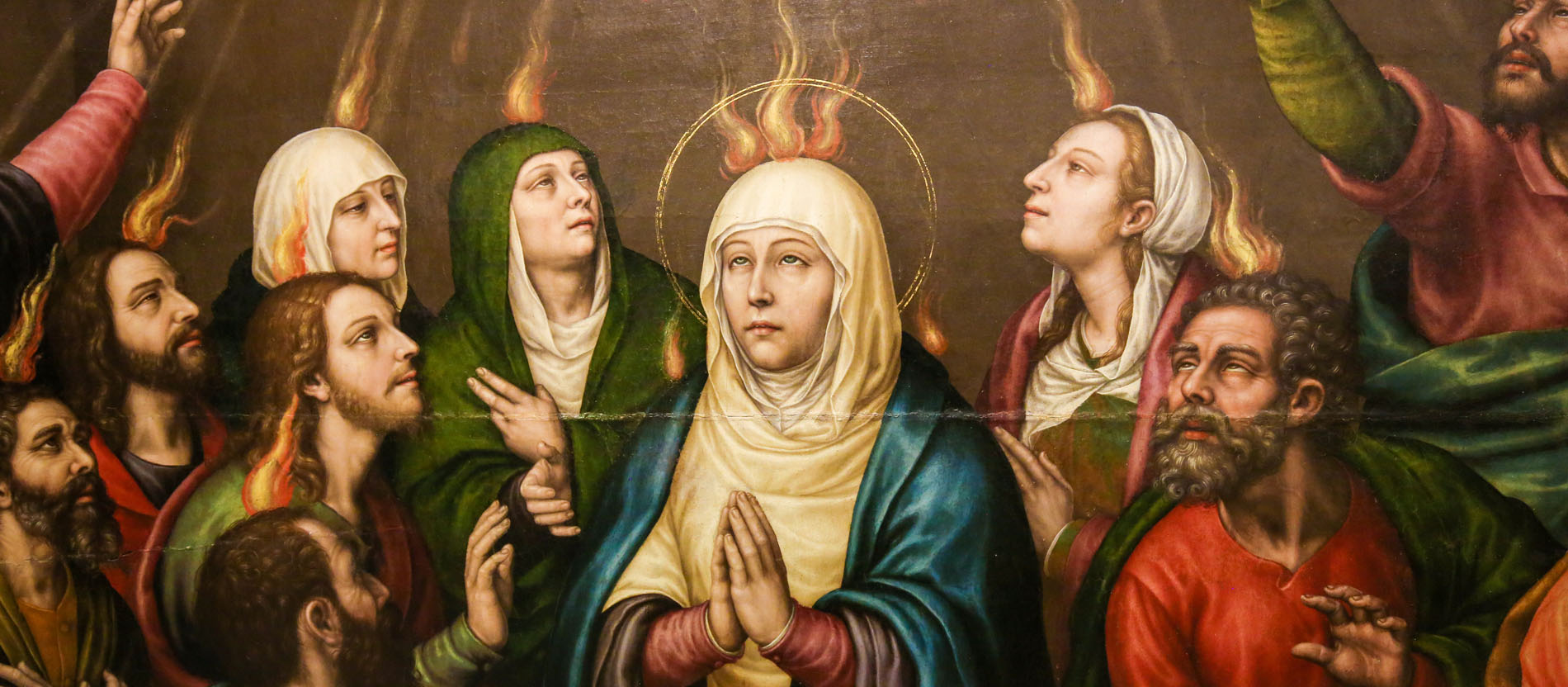 Flammenzungen kommen zu Pfingsten auf Maria und die Apostel herab
